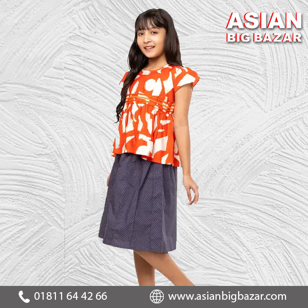 Orange Printed Cotton Skirt Top Set