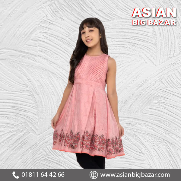 Peach Printed & Embroidered Mixed Cotton Partywear Frock with Cancan