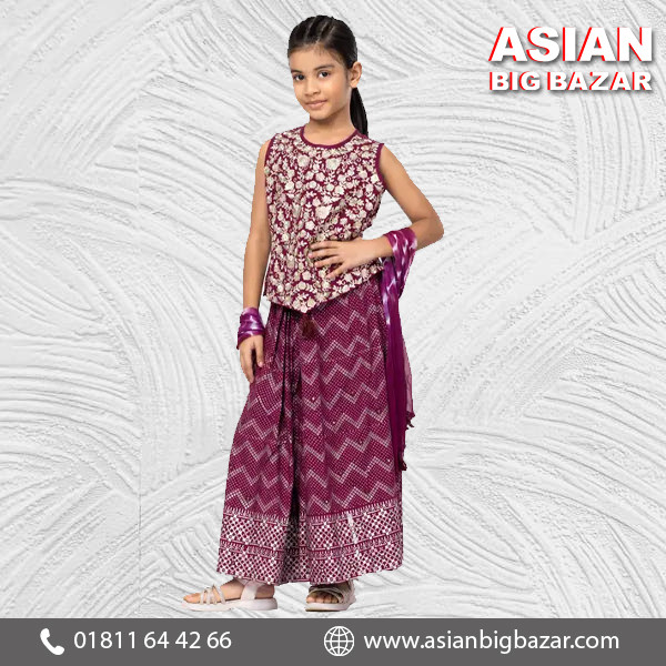 Burgundy Printed and Embroidered Linen Ghagra Choli