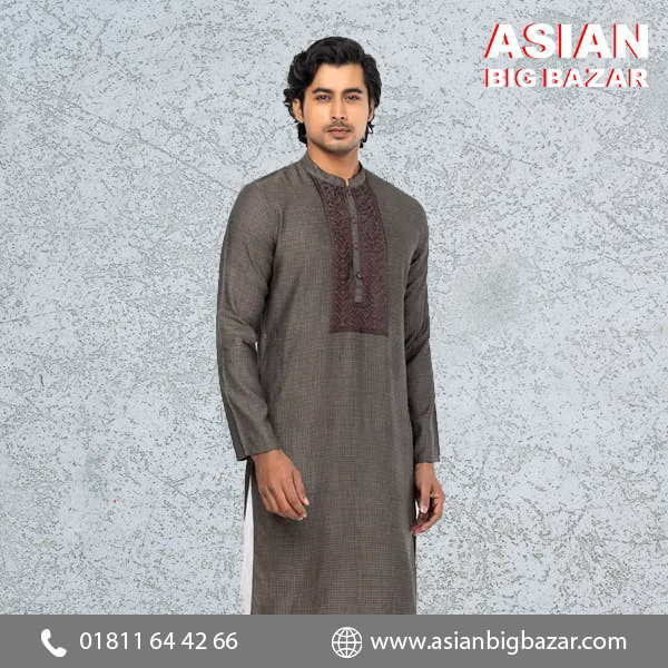 Grey Embroidered Viscose-Cotton Slim Fit Panjabi