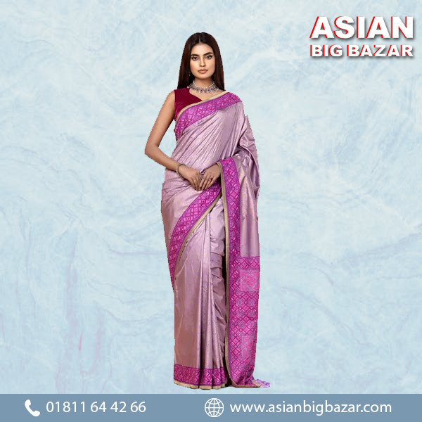 Lavender Silk Saree with Elegant Prints & Embroidery
