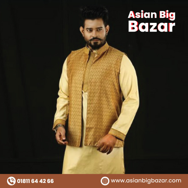 Stylish Golden Color Panjabi with Coati for Men's