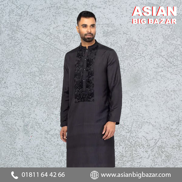 Black Embroidered and Striped Joysree Silk Panjabi