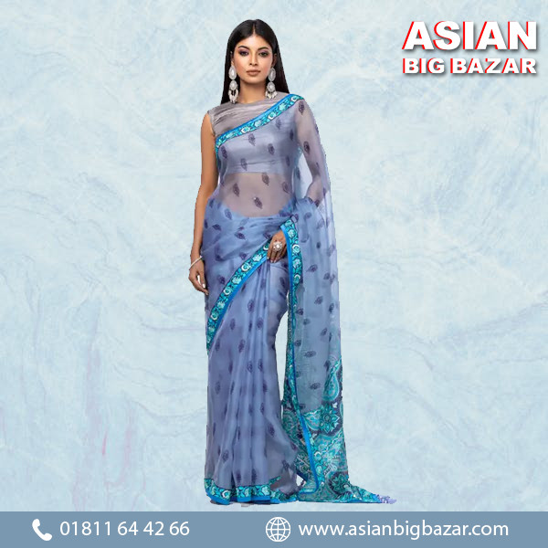 Blue Printed and Embroidered Muslin Saree
