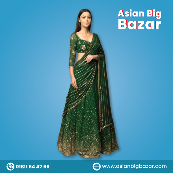 Bottle green gold sequin work lehenga