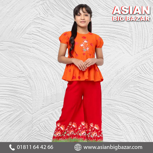 Orange Printed and Embroidered Linen Skirt Top Set