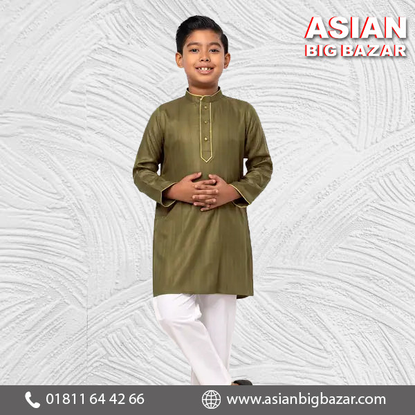 Olive Textured and Printed Viscose Panjabi Pajama Set