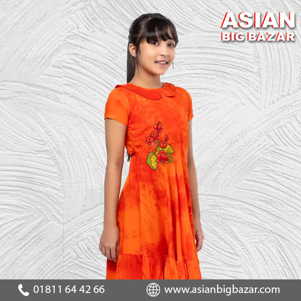 Orange Tie-Dyed and Embroidered Cotton Frock