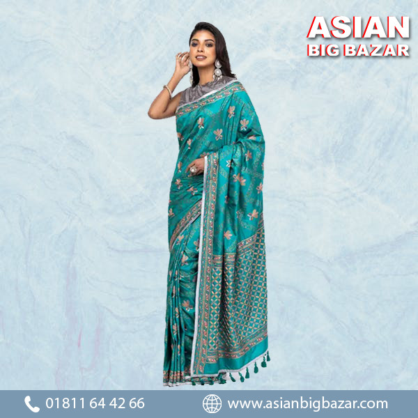 Graceful Teal Silk Saree with Nakshi Kantha Embroidery & Prints