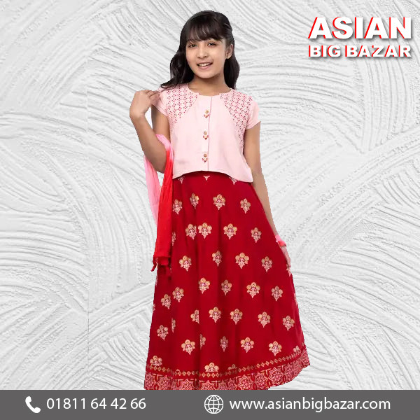 Pink Printed and Embroidered Linen Ghagra Choli Set