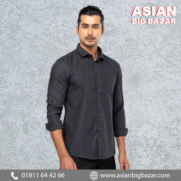 Black Striped Cotton Fitted Shirt