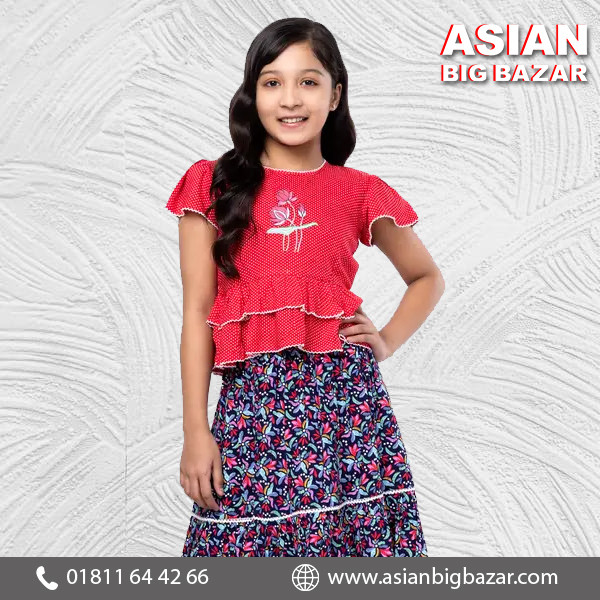 Red Printed and Embroidered Linen Skirt Top Set