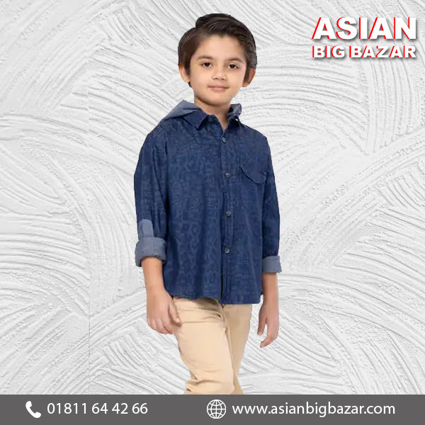 Blue Textured Mixed Cotton Hoodie Shirt