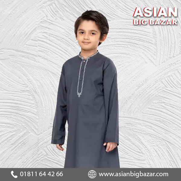 Grey Embroidered Cotton Panjabi