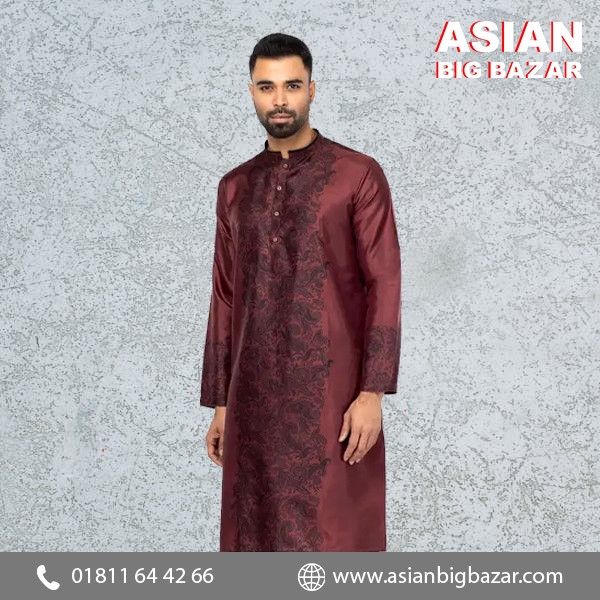 Burnt Russet Printed Silk Panjabi