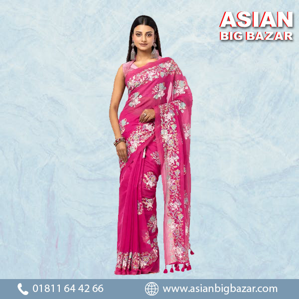 Magenta Printed & Embroidered Half Silk Saree - Elegant & Vibrant