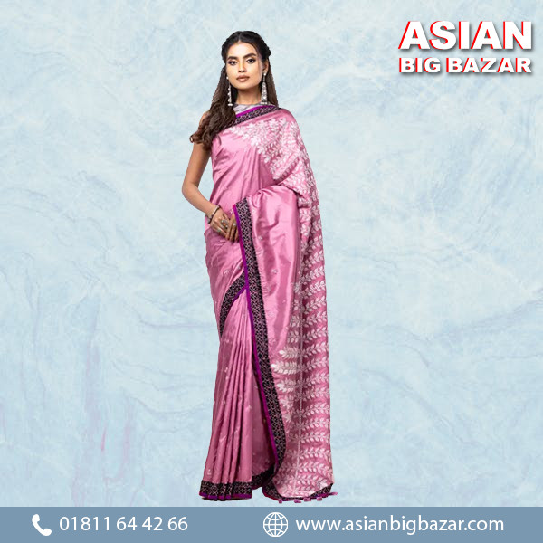 Graceful Mauve Silk Saree with Prints & Nakshi Kantha Embroidery
