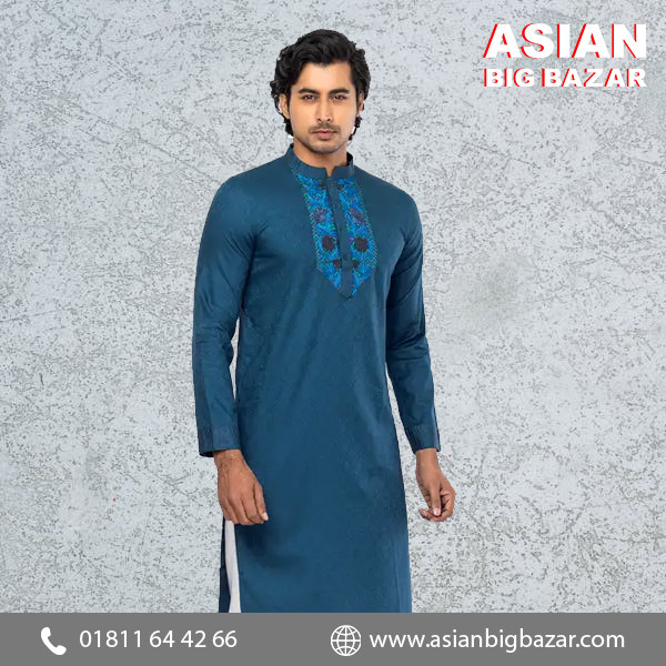Teal Blue Embroidered Cotton Slim Fit Panjabi