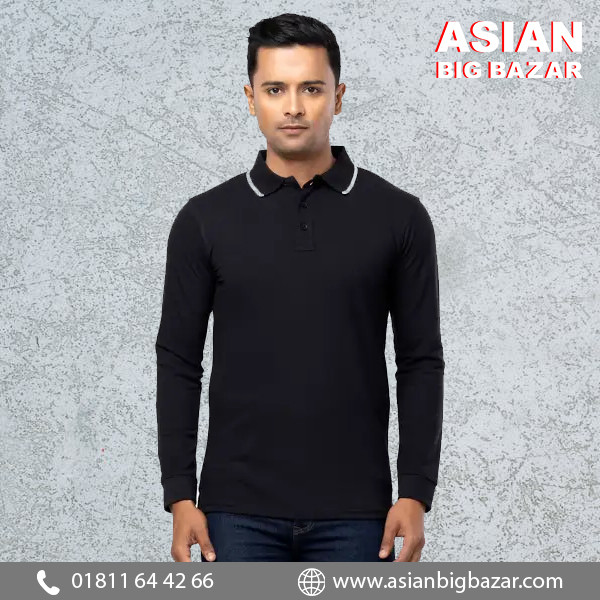 Black Mixed Cotton Polo T-Shirt