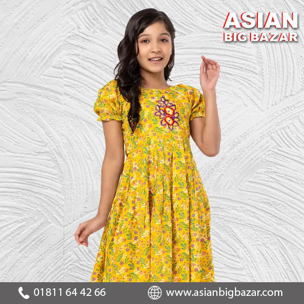 Yellow Printed and Embroidered Cotton Frock