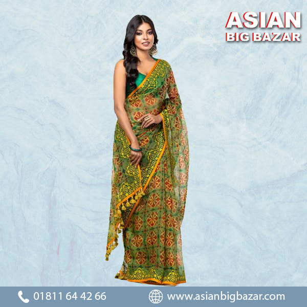 Green Printed and Embroidered Muslin Saree