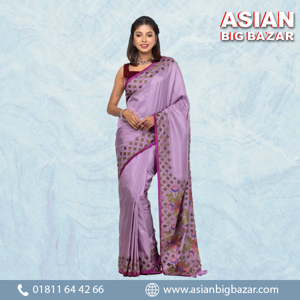 Mauve Appliqued And Embroidered Silk Saree
