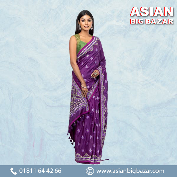 Stunning Plum Silk Saree with Nakshi Kantha Embroidery & Prints