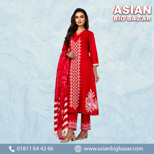 Red Printed and Embroidered Viscose Shalwar Kameez