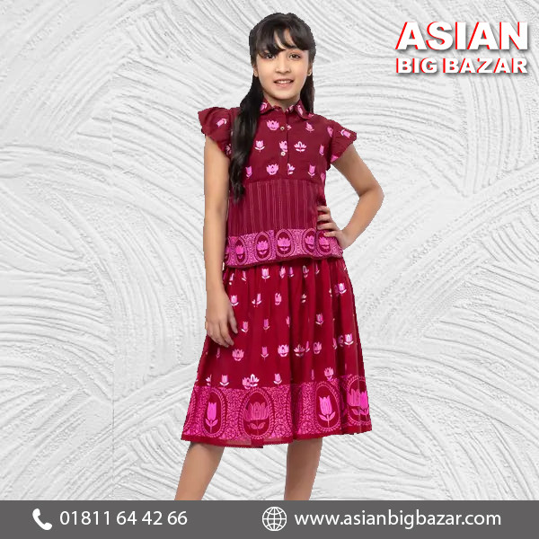 Maroon Printed Linen Skirt Top Set