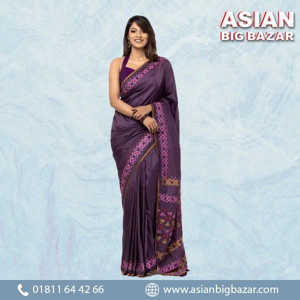Elegant Eggplant Embroidered Silk Saree