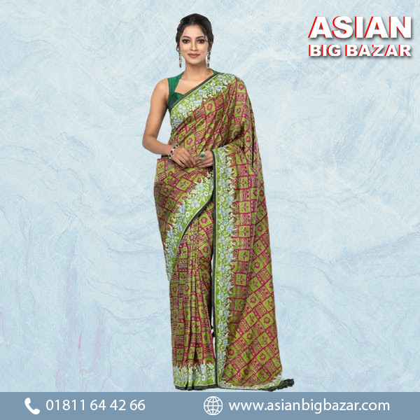 Elegant Green Silk Saree with Prints & Embroidery